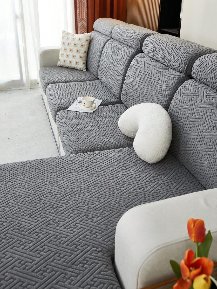 1pc Thickened Green Sofa Cushion Cover With Star Pattern - Dark Grey - View 1