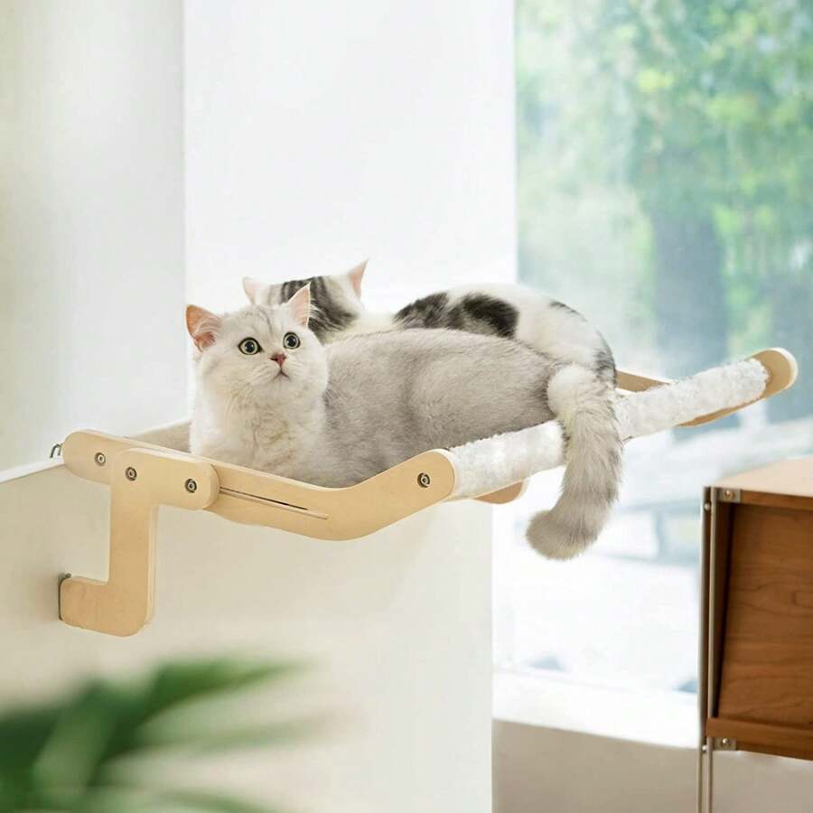 MEWOOFUN Cat Hammock Radiator Dual-Use Cat Window Hammock For Indoor Cats, Adjustable Wood Cat Radiator Beds Cat Window Beds Holds Up 18kg, 47x40cm Beige - White - View 1