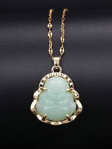 1pc Stainless Steel Chain Iced Out Crystal White Jade Necklace - Green - View 1