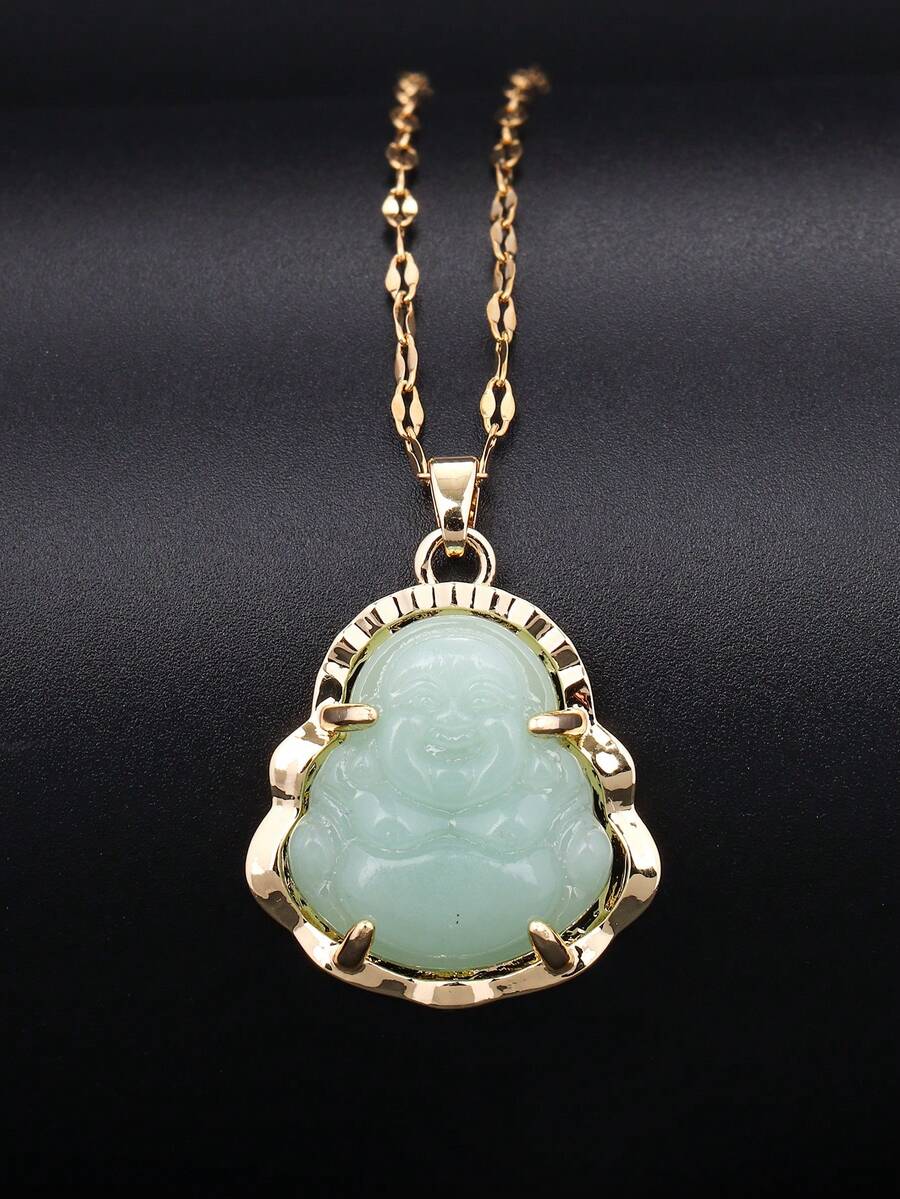 1pc Stainless Steel Chain Iced Out Crystal White Jade Necklace - Green - View 1