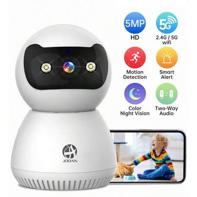 JOOAN 5MP PTZ室内安防摄像头，5G/2.4G双频WiFi，适用于婴儿/宠物/保姆，包含电源适配器、云存储和SD卡存储，彩色夜视，泛光灯，双向语音，报警，AI移动侦测，适合作为圣诞礼物、圣诞录像、送给家人或朋友的礼物