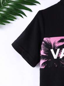 2 件套青少年男孩夏威夷椰子树字母印花针织短袖 T 恤和短裤套装，夏季 - 粉色 - 查看 4