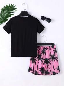 2 件套青少年男孩夏威夷椰子树字母印花针织短袖 T 恤和短裤套装，夏季 - 粉色 - 查看 3