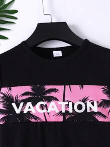 2 件套青少年男孩夏威夷椰子树字母印花针织短袖 T 恤和短裤套装，夏季 - 粉色 - 查看 5