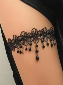 1pc Elegant Black Lace Pattern Fringe Thigh Chain Body Jewelry For Women