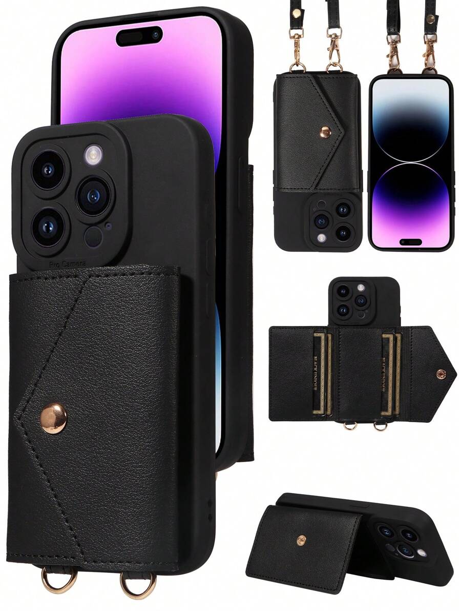 1件装多功能肩带PU皮革手机壳,带卡槽,兼容 17 Pro Max、17 Pro、17 Air、Redmi - 黑色 - 查看 1