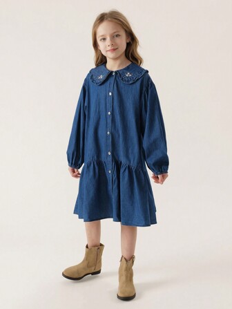 MARC&JANIE Ung tjejs söta broderade Peter Pan-krage långärmad jeansklänning för våren