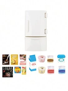 Stomle Family 14 件迷你冰箱套装带食物游戏配件，适用于 1:12 比例森林动物家庭娃娃屋迷你厨房，蒙特梭利厨房玩具，适合男孩和女孩，复活节礼物，盒装包装精致，家居装饰