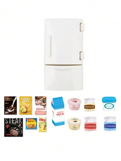 Stomle Family 14 件迷你冰箱套装带食物游戏配件，适用于 1:12 比例森林动物家庭娃娃屋迷你厨房，蒙特梭利厨房玩具，适合男孩和女孩，复活节礼物，盒装包装精致，家居装饰