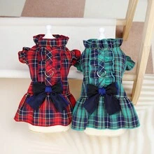 春/夏季蕾絲連衣裙寵物胸帶裙寵物服飾貓/狗公主裙娃娃裙新款春/夏季萬用裙狗衣服泰迪狗衣服時尚公主裙胸帶扣輕便服新款格紋蝴蝶結裙 - 綠色 - 查看 2