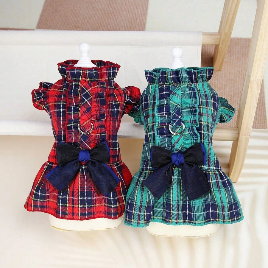 春/夏季蕾絲連衣裙寵物胸帶裙寵物服飾貓/狗公主裙娃娃裙新款春/夏季萬用裙狗衣服泰迪狗衣服時尚公主裙胸帶扣輕便服新款格紋蝴蝶結裙