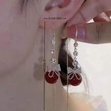 Bông tai nơ có đính cườm & kim cương giả, Bông tai nữ thời trang Giáng sinh - Đỏ - Xem 11
