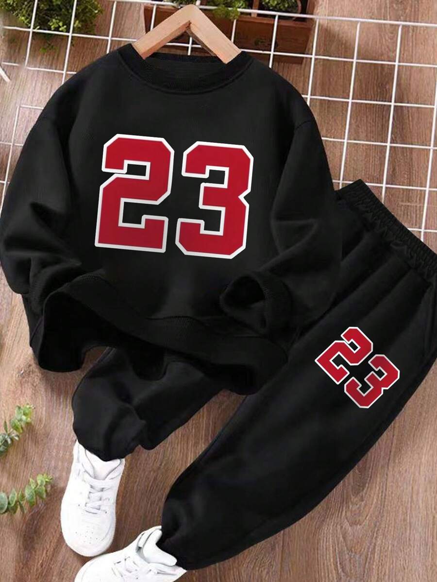 Tween Boys' Stylish Cool Street-Style Printed Round Neck Sweatshirt And Sports Pants Set, Spring & Autumn - Black - View 1