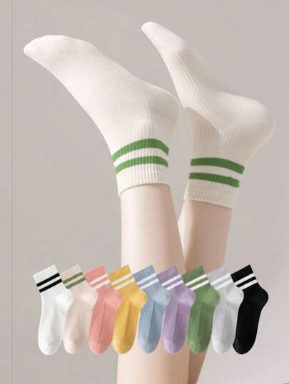 女性用シンプルダブルストライプ薄手アンクルソックス9足組、韓国風スポーツ 消臭 快適 通気性のあるソックス、カジュアルウェア、学校に戻る