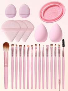 7件套化妆粉扑+1个化妆刷清洁碗+15件套化妆刷套装，优质合成毛眼影晕染刷套装，面部及眼部化妆工具，化妆刷套装，化妆刷套装，化妆刷套装，全套化妆工具，化妆刷套装，全套化妆工具，化妆刷套装，化妆刷套装，化妆礼盒套装 - 粉色 - 查看 1