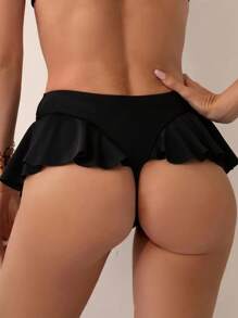 Braguitas de traje de baño de verano para mujer de unicolor con volantes y encaje sexy - Negro - Ver 1
