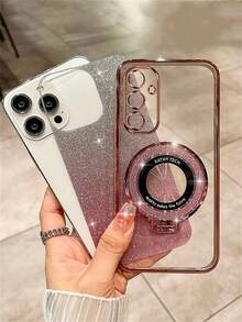 奢华渐变闪亮磁力支架无线充电外壳兼容三星 Galaxy S24 S23 S22 Ultra S24 Plus 电镀防震保护套 - 粉色 - 查看 5
