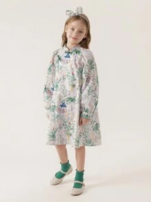 MARC&JANIE Young Girl Chinese Style Cheongsam Dress With Floral Print, Stand Collar, Long Sleeves And Hairband, Spring - Multicolor - View 2