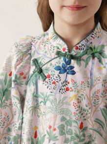 MARC&JANIE Young Girl Chinese Style Cheongsam Dress With Floral Print, Stand Collar, Long Sleeves And Hairband, Spring - Multicolor - View 3