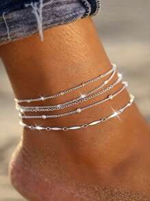 5pcs/Set Fashionable Minimalist Metal Stackable Anklet Set For Women, Perfect For Beach Vacation And Party, Gift - Silver - View 1