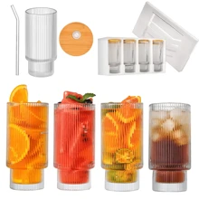Ribbed Glass Cups With Straws 11oz, Drinking Glasses ,Ribbed Glassware, Cocktail Glasses - White - View 1