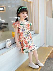 少女花卉和字母印花娃娃裝 - 彩色 - 查看 4