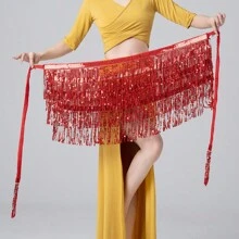 1套閃亮紅色肚皮舞腰部短裙配胸圍頂部閃片流蘇臀部圍巾舞會派對女士肚皮舞服裝 - 紅色 - 查看 6