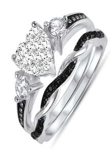 His And Hers Couple Rings Silver & Black Wedding Engagement Promise Rings Set - Silver - View 1