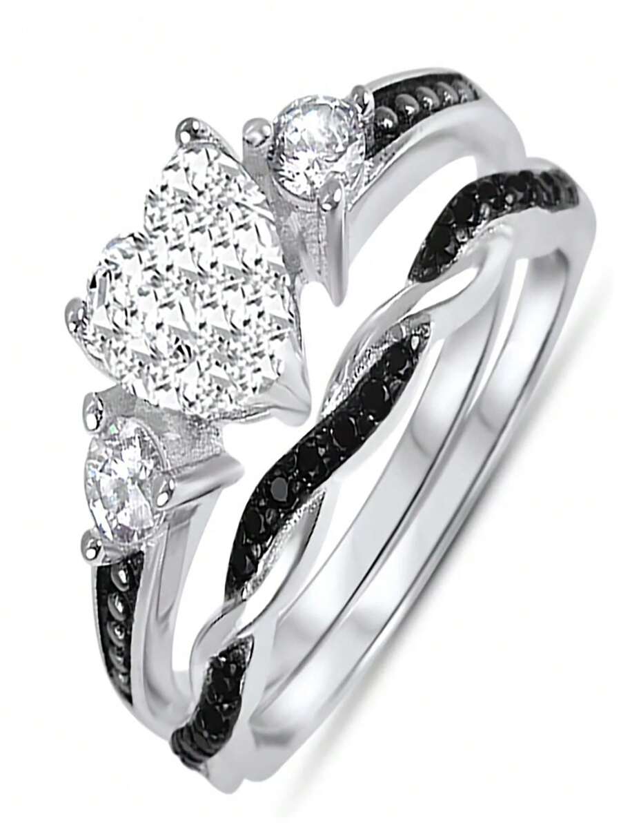 His And Hers Couple Rings Silver & Black Wedding Engagement Promise Rings Set - Silver - View 1