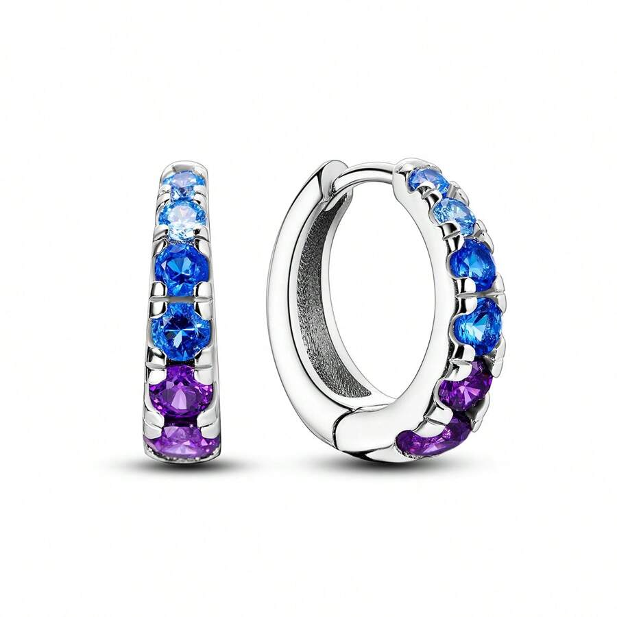 Pendientes de lujo para bodas y fiestas - Elegantes pendientes aro redondos de plata de ley 925 con acabado brillante en azul y púrpura, un regalo elegante de joyería para mujeres - Plateado - Ver 1
