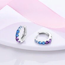 Pendientes de lujo para bodas y fiestas - Elegantes pendientes aro redondos de plata de ley 925 con acabado brillante en azul y púrpura, un regalo elegante de joyería para mujeres - Plateado - Ver 2
