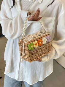 女士迷你花朵装饰抽绳编织包，便携式仿珍珠手提包/单肩包，非常适合度假和旅行，与女士度假装完美搭配 - 卡其色 - 查看 4
