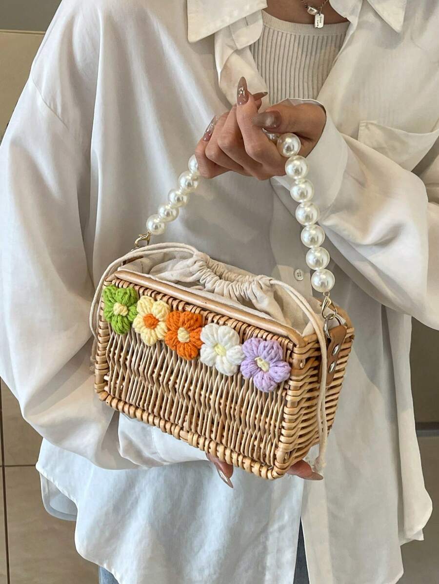 女士迷你花朵装饰抽绳编织包，便携式仿珍珠手提包/单肩包，非常适合度假和旅行，与女士度假装完美搭配 - 卡其色 - 查看 1