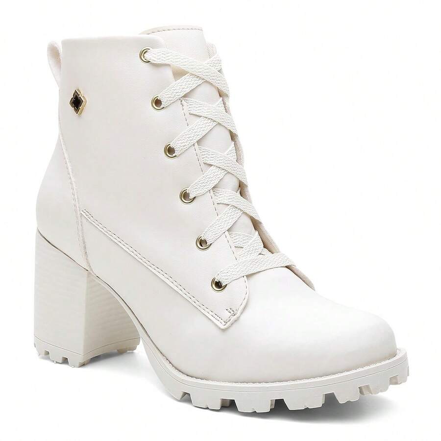 Bota Feminina Coturno Cano Curto Salto Alto Tratorado Linha Confort Luxo - Bege - Visão 1