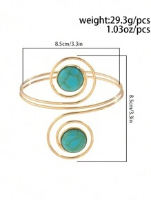 1pc Gold Metal Arm Cuff Bracelet With Resin Turquoise Inlay, Adjustable Minimalist Fashion Unique Niche Style For Men And Women - Turquoise - View 2