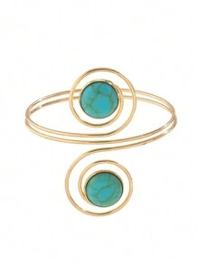 1pc Gold Metal Arm Cuff Bracelet With Resin Turquoise Inlay, Adjustable Minimalist Fashion Unique Niche Style For Men And Women - Turquoise - View 5