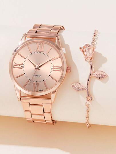 2pcs Watch Women Watch Set: Minimalist Style Roman Numerals Quartz Watch With Steel Strap And Flower Bracelet Bracelet Zinc Alloy Material Valentines