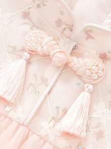 Balabala Vestidos veraniegos para niñas jóvenes en estilo Chinoiserie retro con patrón de encaje con flores al estilo cheongsam - Rojo - Ver 5