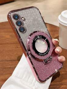 奢华渐变闪亮磁力支架无线充电外壳兼容三星 Galaxy S24 S23 S22 Ultra S24 Plus 电镀防震保护套 - 粉色 - 查看 4