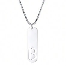 1pc Rectangle Tag English Letter Pendant Silver Tone 60cm Long Chain Necklace, Unisex - Silver - View 21