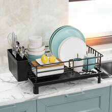 Single-Layer Iron Dish Drying Rack With Cutlery Holder And Drip Tray, Suitable For Kitchen Countertop Storage Rack, Kitchen Accessories