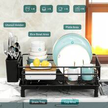 Single-Layer Iron Dish Drying Rack With Cutlery Holder And Drip Tray, Suitable For Kitchen Countertop Storage Rack, Kitchen Accessories
