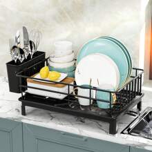 Single-Layer Iron Dish Drying Rack With Cutlery Holder And Drip Tray, Suitable For Kitchen Countertop Storage Rack, Kitchen Accessories