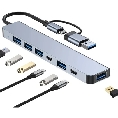 Hub USB C 3.0, 7 en 1 Adaptador USB C con USB 3.0 (5Gbps)*1, USB2.0*4, USB C PD Carga, 2 USB C Puertos DC y Data, Concentrador Hub USB C para Macbook, MacBook Pro, Macbook Air, Le novo Thinkbook, Dell, Laptop, iPad