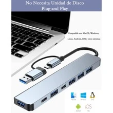 Hub USB C 3.0, 7 en 1 Adaptador USB C con USB 3.0 (5Gbps)*1, USB2.0*4, USB C PD Carga, 2 USB C Puertos DC y Data, Concentrador Hub USB C para Macbook, MacBook Pro, Macbook Air, Le novo Thinkbook, Dell, Laptop, iPad