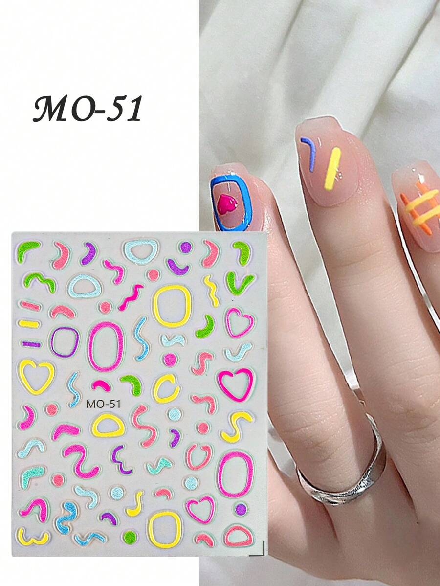 MAOMIA 多巴胺指甲貼紙,可愛線條、心形、微笑臉、多色、壓花3d自粘指甲配件 - 彩色 - 查看 1