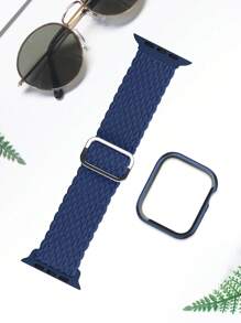 2件/套硬质PC边框保护壳，不含屏幕保护膜，防刮保护边框，编织弹力单环表带，兼容 38mm 40mm 41mm 42mm 44mm 45mm 46mm 49mm，男女通用；尼龙弹力表带，兼容 Ultra 2 Series 10 9 8 7 6 SE 5 4 3 2 1 - 寶藍色 - 查看 4