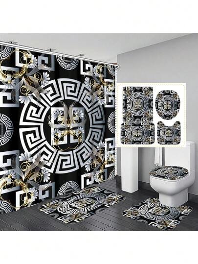 1 件/4 件几何波西米亚图案装饰多功能浴室浴帘，12 个挂钩，防滑垫，U 型地垫和圆形马桶盖垫浴室套装适用于所有场景家居浴室装饰秋季装饰浴室配件返校