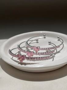 2 件时尚优雅银色心形设计粉色和白色方晶锆石手镯套装，适合女士/女孩、派对、日常佩戴、节日和礼物情人节、妈妈、母亲、母亲节、礼物 - 白色 - 查看 3