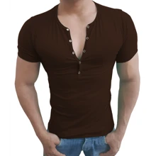 Camiseta Henley Slim Com Botão Pressão Manga Curta - Marrom - Visão 2